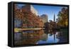 USA, Connecticut, Hartford, Bushnell Park, reflection of office buildings and Travelers Tower-Walter Bibikow-Framed Stretched Canvas