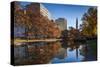 USA, Connecticut, Hartford, Bushnell Park, reflection of office buildings and Travelers Tower-Walter Bibikow-Stretched Canvas