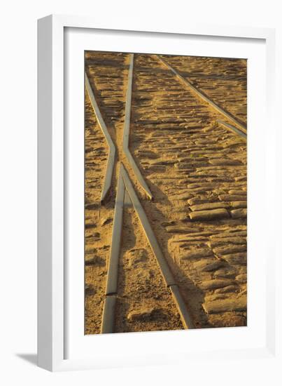 USA, Georgia, Savannah. Old railroad tracks along ballast stones at River Street.-Joanne Wells-Framed Photographic Print