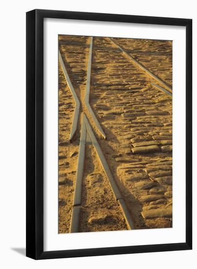 USA, Georgia, Savannah. Old railroad tracks along ballast stones at River Street.-Joanne Wells-Framed Premium Photographic Print