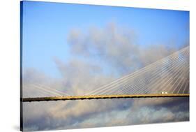 USA, Georgia, Savannah. Talmadge Memorial Bridge with truck crossing.-Joanne Wells-Stretched Canvas