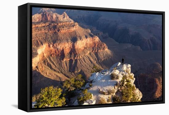 USA, Grand Canyon National Park, Sunrise, Man on Rock Ledge-Catharina Lux-Framed Stretched Canvas
