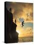 USA, Hawaii, Oahu,  North Shore, Waimea Bay, Divers Jumping Off Cliff-Michele Falzone-Stretched Canvas
