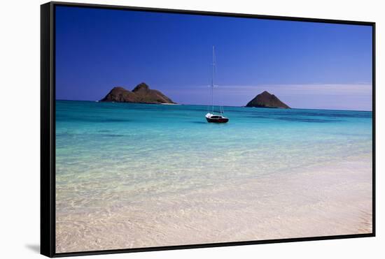 USA, Hawaii, Oahu, Sail Boat at Anchor in Blue Water with Swimmer-Terry Eggers-Framed Stretched Canvas