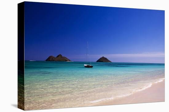 USA, Hawaii, Oahu, Sail Boat at Anchor in Blue Water with Swimmer-Terry Eggers-Stretched Canvas