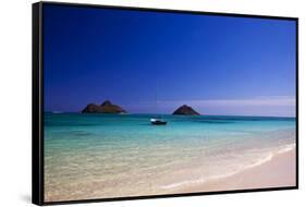 USA, Hawaii, Oahu, Sail Boat at Anchor in Blue Water with Swimmer-Terry Eggers-Framed Stretched Canvas