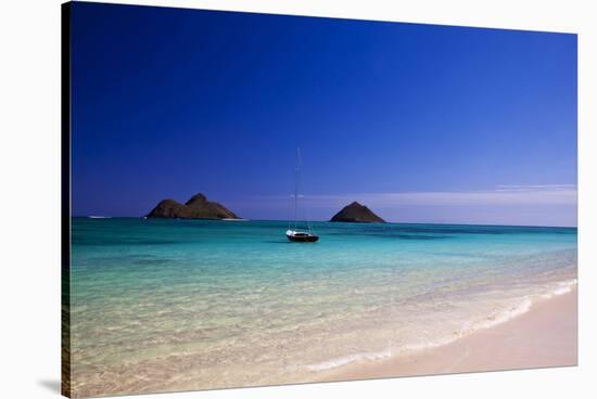 USA, Hawaii, Oahu, Sail Boat at Anchor in Blue Water with Swimmer-Terry Eggers-Stretched Canvas