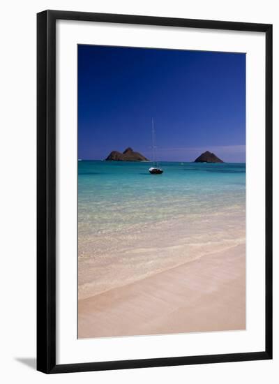 USA, Hawaii, Oahu, Sail Boat at Anchor in Blue Water with Swimmer-Terry Eggers-Framed Photographic Print