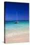 USA, Hawaii, Oahu, Sail Boat at Anchor in Blue Water with Swimmer-Terry Eggers-Stretched Canvas