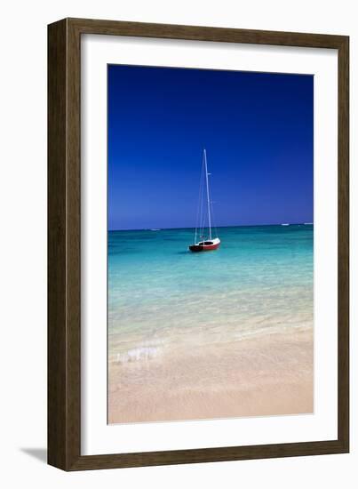 USA, Hawaii, Oahu, Sail Boat at Anchor in Blue Water with Swimmer-Terry Eggers-Framed Photographic Print