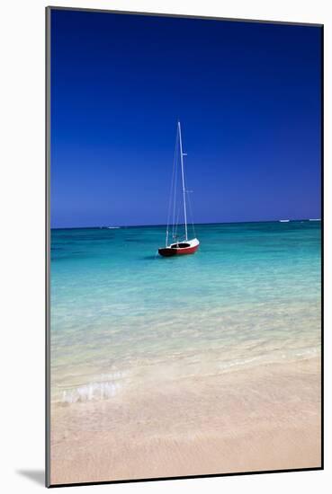 USA, Hawaii, Oahu, Sail Boat at Anchor in Blue Water with Swimmer-Terry Eggers-Mounted Photographic Print