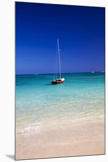 USA, Hawaii, Oahu, Sail Boat at Anchor in Blue Water with Swimmer-Terry Eggers-Mounted Premium Photographic Print