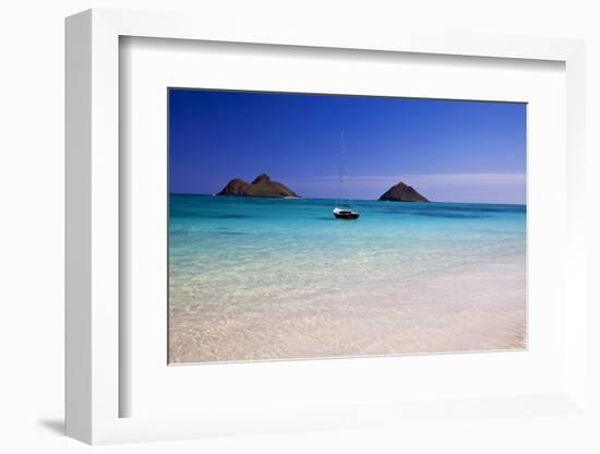 USA, Hawaii, Oahu, Sail Boat at Anchor in Blue Water with Swimmer-Terry Eggers-Framed Photographic Print