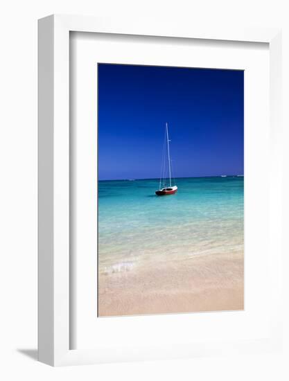 USA, Hawaii, Oahu, Sail Boat at Anchor in Blue Water with Swimmer-Terry Eggers-Framed Photographic Print