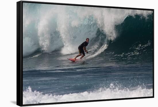 USA, Hawaii, Oahu, Surfers in Action at the Pipeline-Terry Eggers-Framed Stretched Canvas