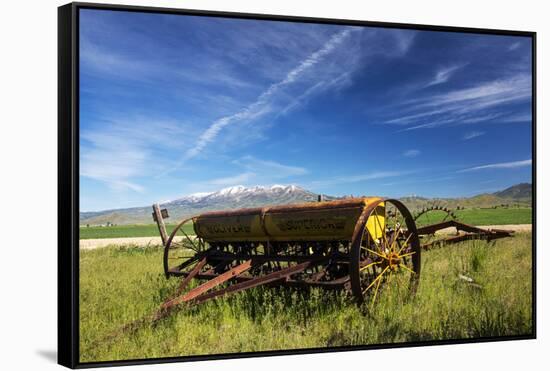 USA, Idaho, Fairfield, Horse Drawn Hay Rake in Field-Terry Eggers-Framed Stretched Canvas