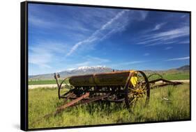 USA, Idaho, Fairfield, Horse Drawn Hay Rake in Field-Terry Eggers-Framed Stretched Canvas