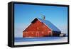 USA, Idaho, Old Red Barn and Truck after Snowstorm-Terry Eggers-Framed Stretched Canvas