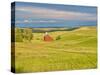 USA, Idaho, Palouse. Red barn with dark clouds and warm light-Terry Eggers-Stretched Canvas