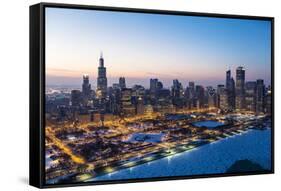 Usa, Illinois, Chicago. Aerial Dusk View of the City and Millennium Park in Winter.-Nick Ledger-Framed Stretched Canvas