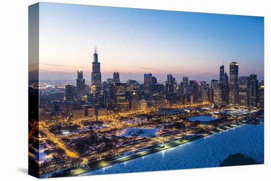 Usa, Illinois, Chicago. Aerial Dusk View of the City and Millennium Park in Winter.-Nick Ledger-Stretched Canvas
