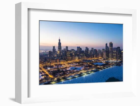 Usa, Illinois, Chicago. Aerial Dusk View of the City and Millennium Park in Winter.-Nick Ledger-Framed Photographic Print