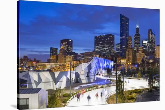 USA, Illinois, Chicago. The Maggie Daley Park Ice Skating Ribbon on a cold Winter's evening.-Nick Ledger-Stretched Canvas