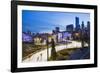 USA, Illinois, Chicago. The Maggie Daley Park Ice Skating Ribbon on a cold Winter's evening.-Nick Ledger-Framed Photographic Print