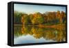 USA, Indiana, Autumn Trees Reflected in Wabash River-Rona Schwarz-Framed Stretched Canvas