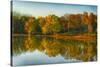 USA, Indiana, Autumn Trees Reflected in Wabash River-Rona Schwarz-Stretched Canvas