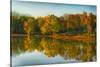 USA, Indiana, Autumn Trees Reflected in Wabash River-Rona Schwarz-Stretched Canvas