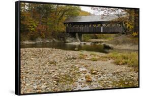 USA, Maine, Bethel. Newry Covered Bridge over River in Autumn-Bill Bachmann-Framed Stretched Canvas