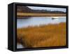 USA, Maine. Boat Anchored in Mousam River-Steve Terrill-Framed Stretched Canvas