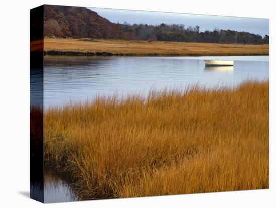 USA, Maine. Boat Anchored in Mousam River-Steve Terrill-Stretched Canvas