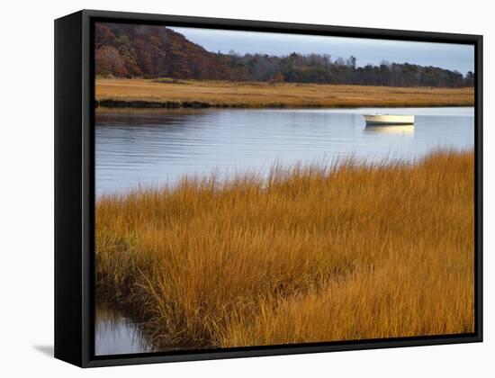 USA, Maine. Boat Anchored in Mousam River-Steve Terrill-Framed Stretched Canvas