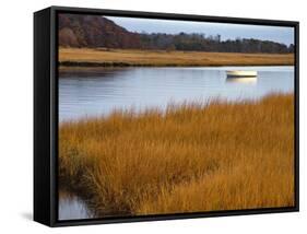 USA, Maine. Boat Anchored in Mousam River-Steve Terrill-Framed Stretched Canvas