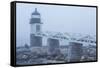 USA, Maine, Port Clyde. Marshall Point Lighthouse in the fog.-Walter Bibikow-Framed Stretched Canvas