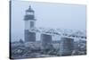 USA, Maine, Port Clyde. Marshall Point Lighthouse in the fog.-Walter Bibikow-Stretched Canvas