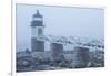 USA, Maine, Port Clyde. Marshall Point Lighthouse in the fog.-Walter Bibikow-Framed Photographic Print