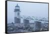 USA, Maine, Port Clyde. Marshall Point Lighthouse in the fog.-Walter Bibikow-Framed Stretched Canvas