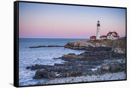 USA, Maine, Portland, Cape Elizabeth, Portland Head Light, lighthouse, dusk-Walter Bibikw-Framed Stretched Canvas