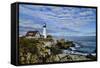 USA, Maine, Portland. Portland Headlight Lighthouse on Rocky Shore-Bill Bachmann-Framed Stretched Canvas