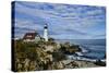 USA, Maine, Portland. Portland Headlight Lighthouse on Rocky Shore-Bill Bachmann-Stretched Canvas