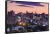 USA, Maine, Portland, skyline from Munjoy Hill at dusk-Walter Bibikow-Framed Stretched Canvas