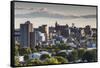 USA, Maine, Portland, skyline from Munjoy Hill, sunset-Walter Bibikow-Framed Stretched Canvas