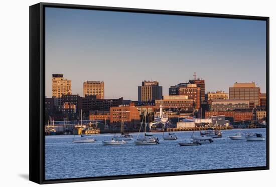 USA, Maine, skyline from South Portland at dawn-Walter Bibikow-Framed Stretched Canvas