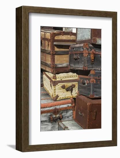 USA, Maine, Wells, antique luggage outside of old train station-Walter Bibikow-Framed Photographic Print