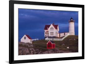 USA, Maine, York Beach, Nubble Light Lighthouse with Christmas decorations at dusk-Walter Bibikow-Framed Premium Photographic Print