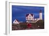 USA, Maine, York Beach, Nubble Light Lighthouse with Christmas decorations at dusk-Walter Bibikow-Framed Photographic Print