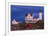 USA, Maine, York Beach, Nubble Light Lighthouse with Christmas decorations at dusk-Walter Bibikow-Framed Photographic Print